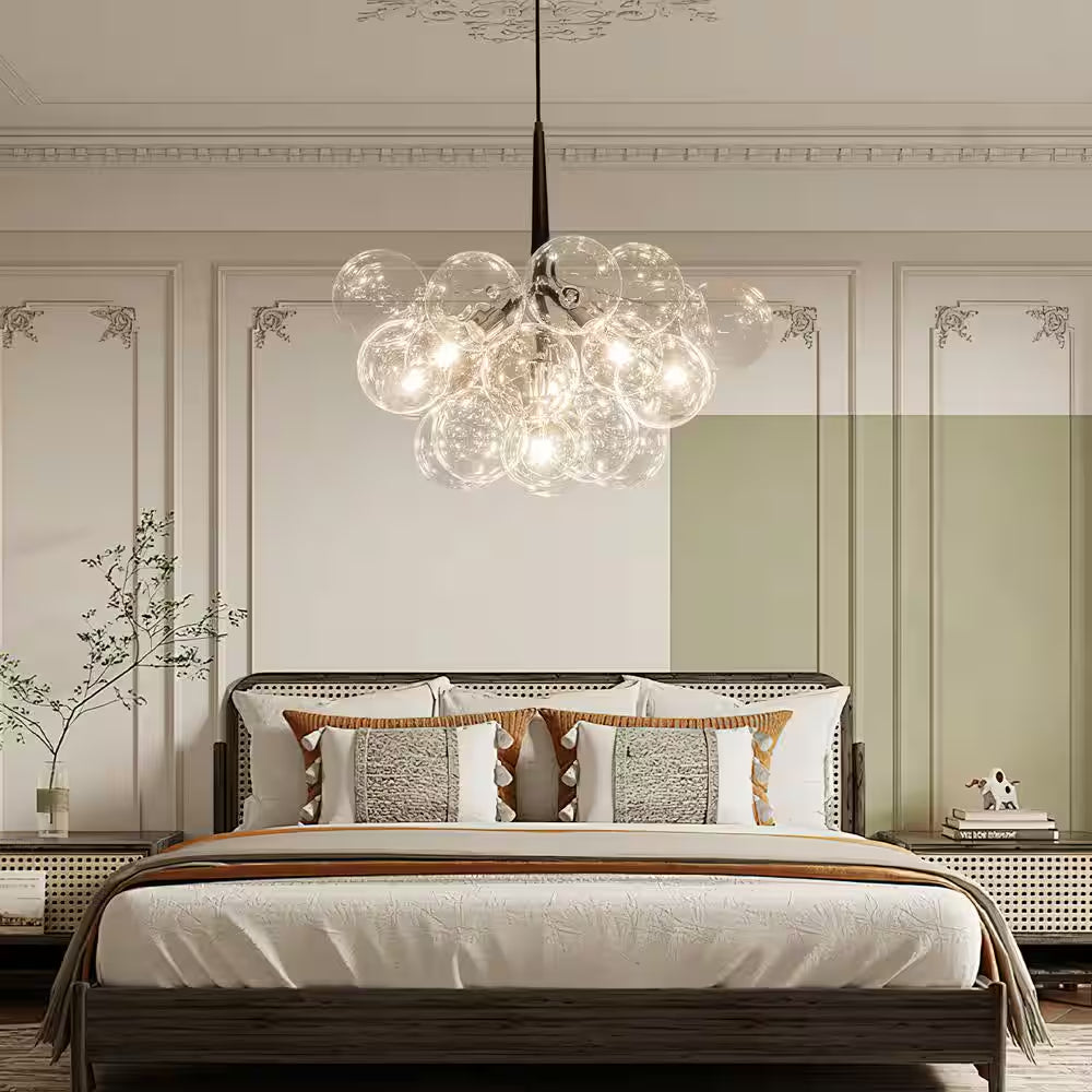 Alma 6-Light 24.8 In.W Silver and Black Cluster Bubble Chandelier with Clear Glass and Leather, LED Bulbs Included