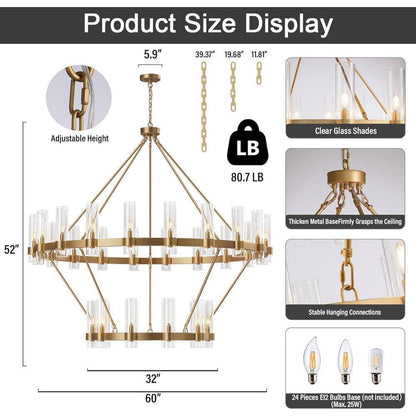 Modern Chandelier 60 In. 30-Light Gold Wagon Wheel Chandelier for Dinning Room, Foyer, Living Room, Staircase