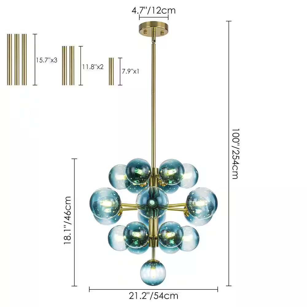 Alex 19-Light Brushed Gold Modern Glam Tiered Cluster Gradient Blue Glass Globe Bubble Chandelier for Dining Room
