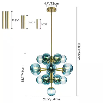 Alex 19-Light Brushed Gold Modern Glam Tiered Cluster Gradient Blue Glass Globe Bubble Chandelier for Dining Room