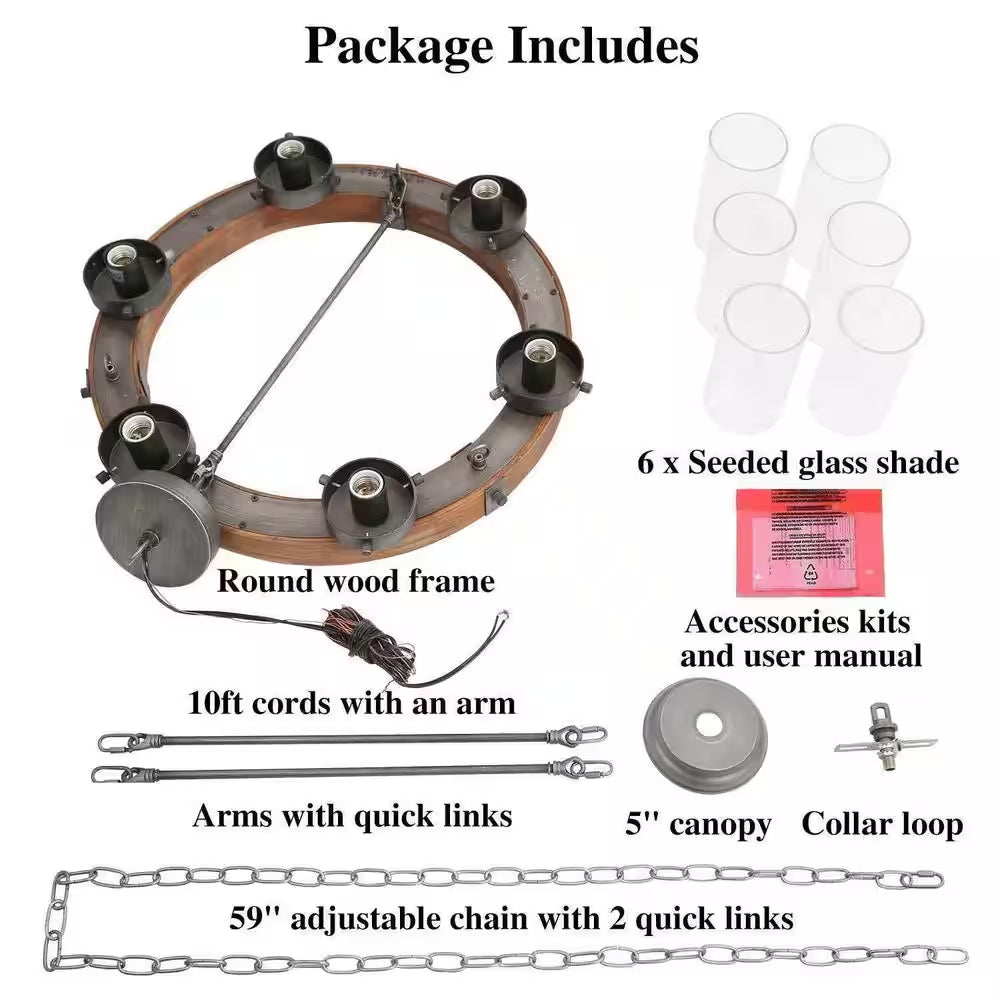 Bronze Farmhouse Chandelier Wood Wagon Wheel 6-Light Rustic Chandelier for Foyer with Seedy Glass and Aged Silver Metal