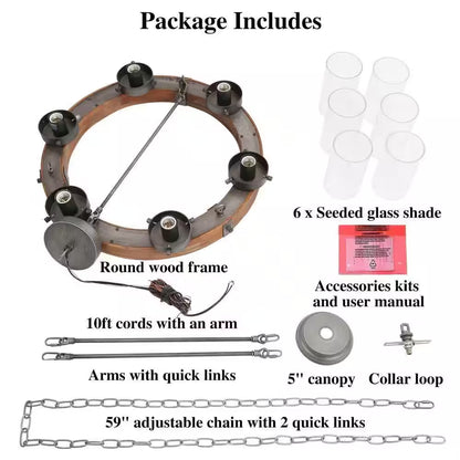 Bronze Farmhouse Chandelier Wood Wagon Wheel 6-Light Rustic Chandelier for Foyer with Seedy Glass and Aged Silver Metal