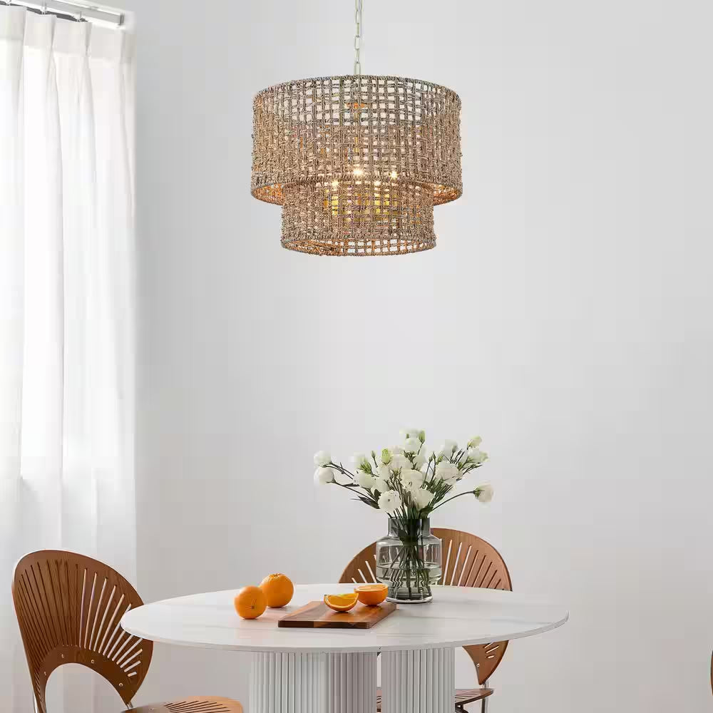 5-Light Gold Bohemian Chandelier 2-Tier Rattan Drum Pendant Light for Living Room