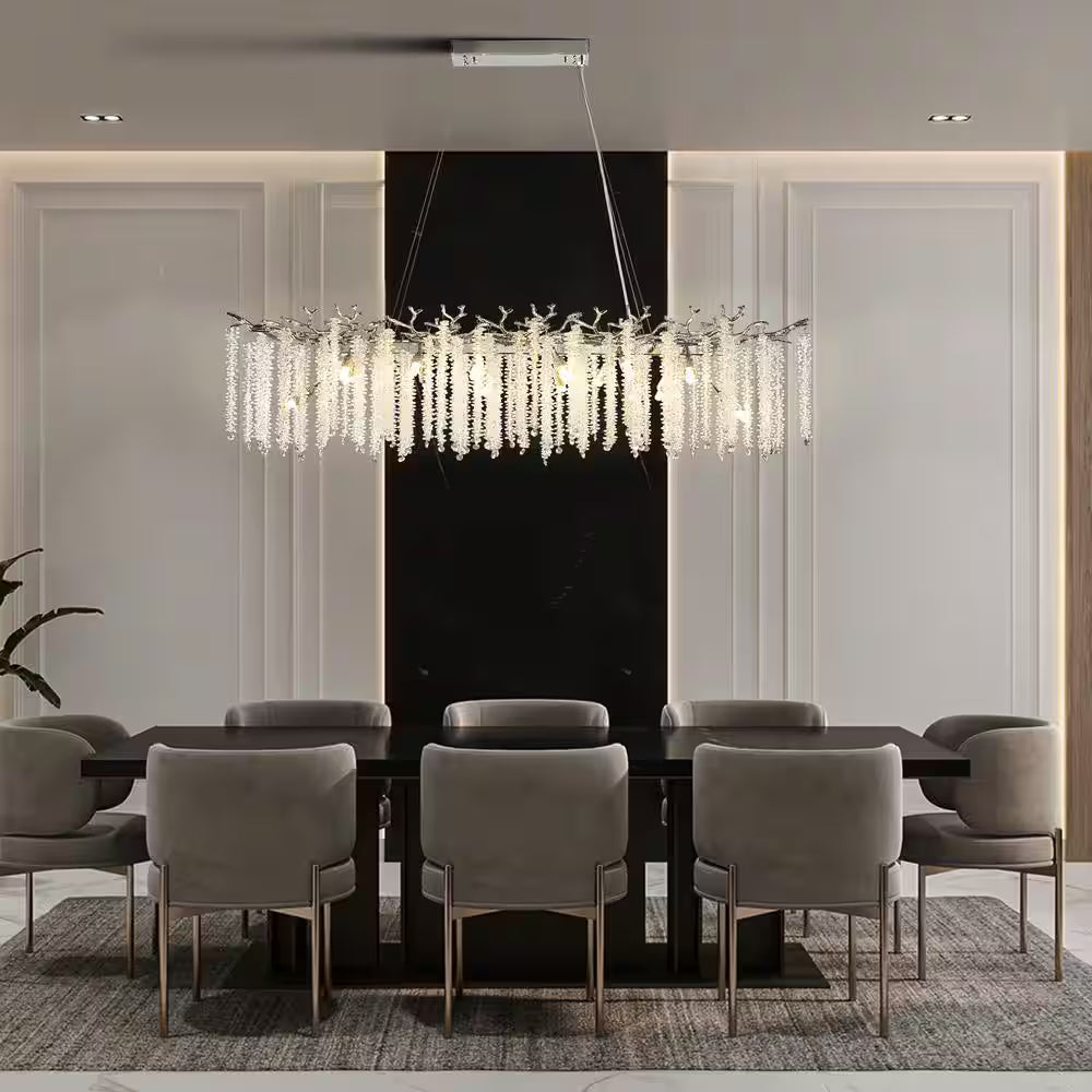 14-Light Silver Chandelier, Luxury Flush Mount Chandelier with K9 Crystal, for Dining Room, Living Room, Kitchen