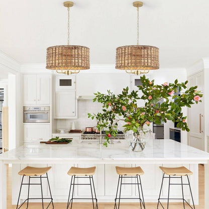 5-Light Gold Drum Bohemian Chandelier with Hand Woven Shade
