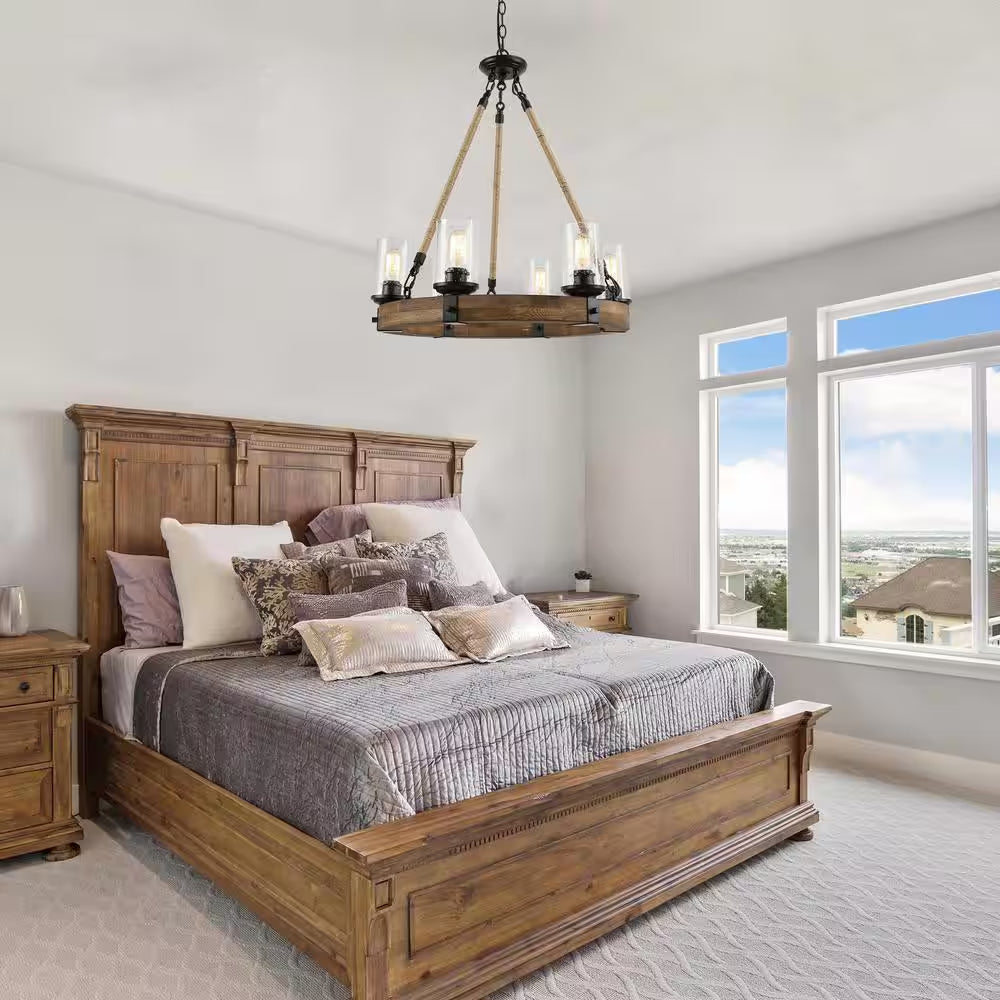 Farmhouse Chandelier 6-Light Black Wagon Wheel Wood Island Chandelier with Clear Seeded Glass Shade and Rope Accents