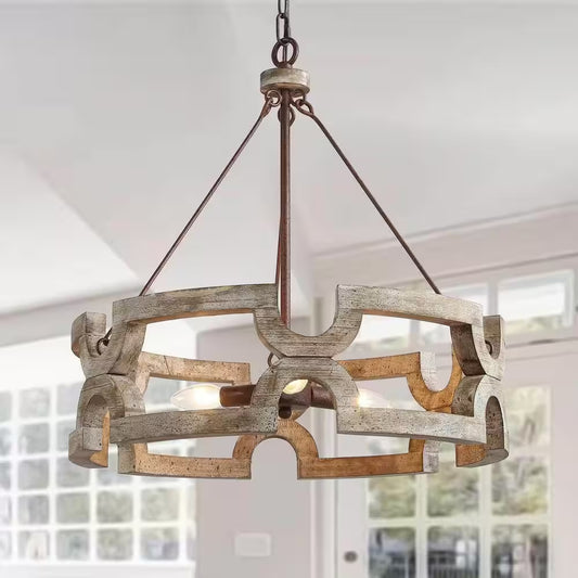 Modern Farmhouse Solid Wood Drum Island Chandelier 3-Light Rustic Brown Pendant Light for Dining Room Kitchen Entryway