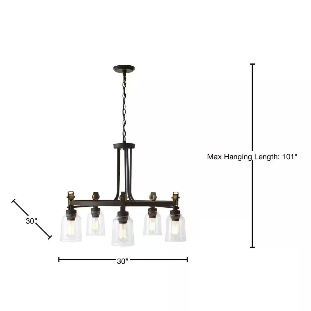 Knollwood 30 In. 5-Light Black Bronze with Brass Accents Industrial round Chandelier for Kitchens
