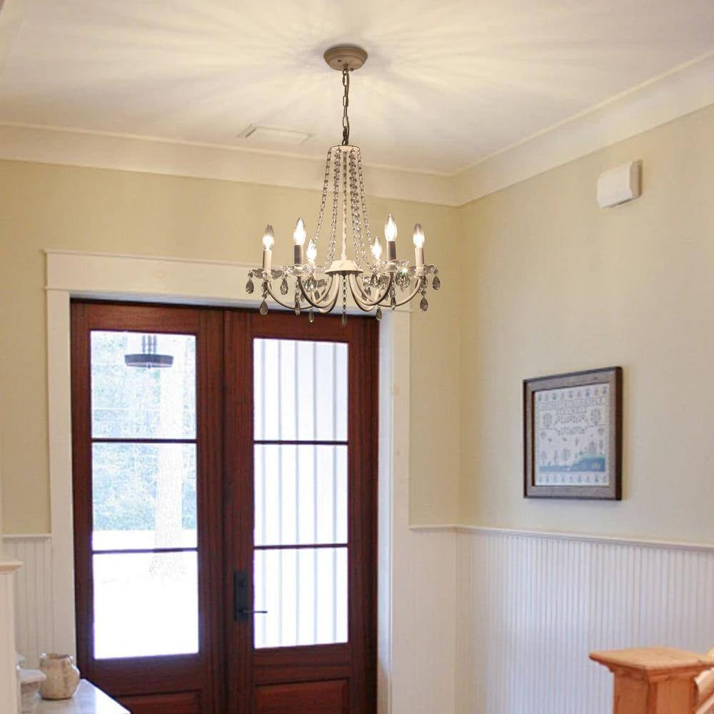 6-Light White Traditional Candle Style Crystal Chandelier for Dining Room Living Room with No Bulbs Included