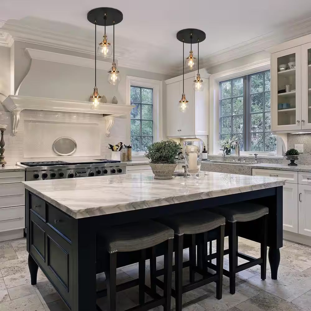 Transitional 3-Light Black and Plated Brass Cluster Chandelier with Clear Globe Glass Shade Foyer Hanging Pendant