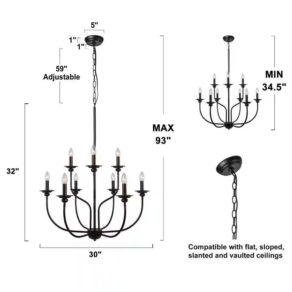 Large 9-Light Black Traditional Candlestick Chandelier Modern Pendant for Dining Room Living Room Kitchen Staircase