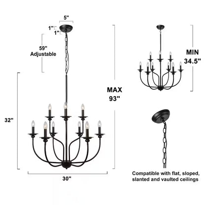 Large 9-Light Black Traditional Candlestick Chandelier Modern Pendant for Dining Room Living Room Kitchen Staircase