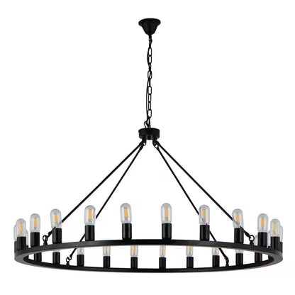 Industrial 24-Light Vintage Black Wagon Wheel Chandelier