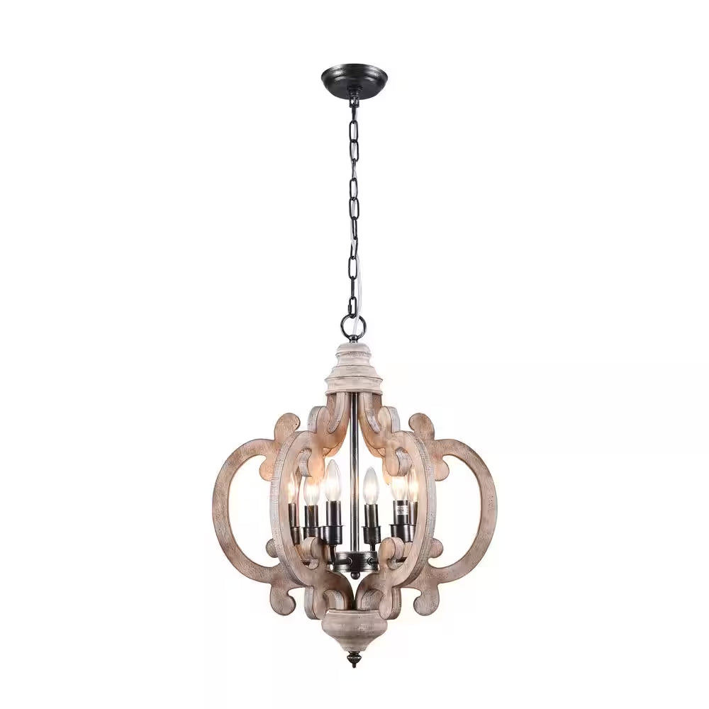 Voitto Cottage Chic Crown 6-Light Weathered Wood Chandelier, Farmhouse Wooden Pendant Light
