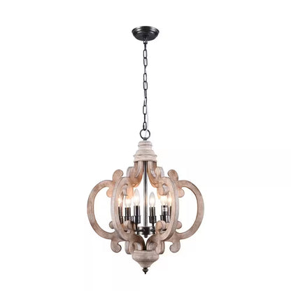 Voitto Cottage Chic Crown 6-Light Weathered Wood Chandelier, Farmhouse Wooden Pendant Light