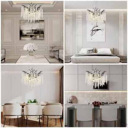 24" 8-Light Modern Crystal Chandelier Black Tree Branch round Chandelier for Dining Room, Living Room, Bedroom, Entryway