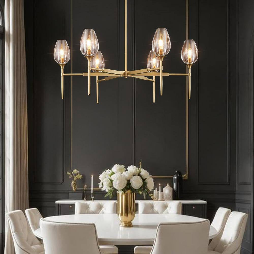 Modern Tulip Chandelier 42 In. 6-Light Gold Tulip round Chandelier for Dining Room, Living Room, Foyer, Hallway