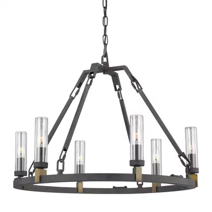 Landen Medium 6-Light Antique Forged Iron Transitional Candlestick Wagon Wheel Outdoor Hanging Chandelier