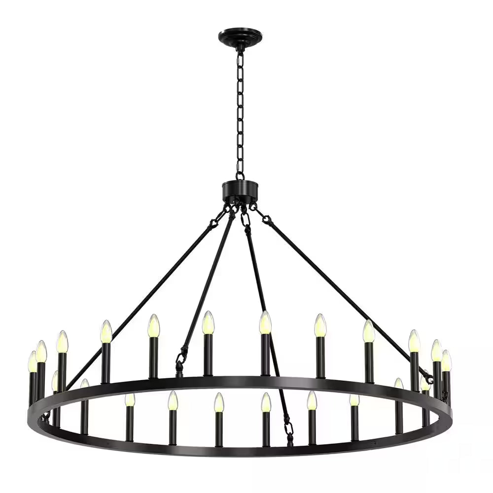 Black Wagon Wheel Chandelier 24-Lights, Large Farmhouse round Outdoor Chandelier