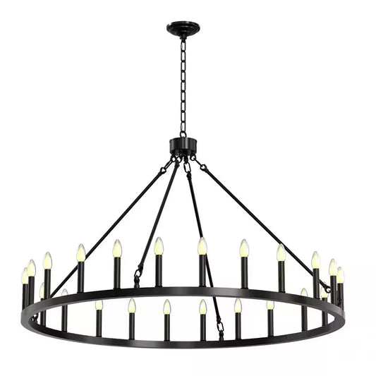 Black Wagon Wheel Chandelier 24-Lights, Large Farmhouse round Outdoor Chandelier
