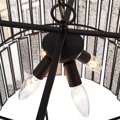 Hemera 4-Light Black Modern Drum Chandelier with 2-Tier Plated Mercury Glass Shade Living Room Silvered Hanging Light