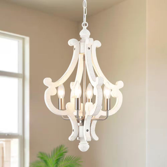 Eron 4-Light Nickel Orb Farmhouse Chandelier Rustic Antique Wooden White Shade French Country Kitchen Island Pendant