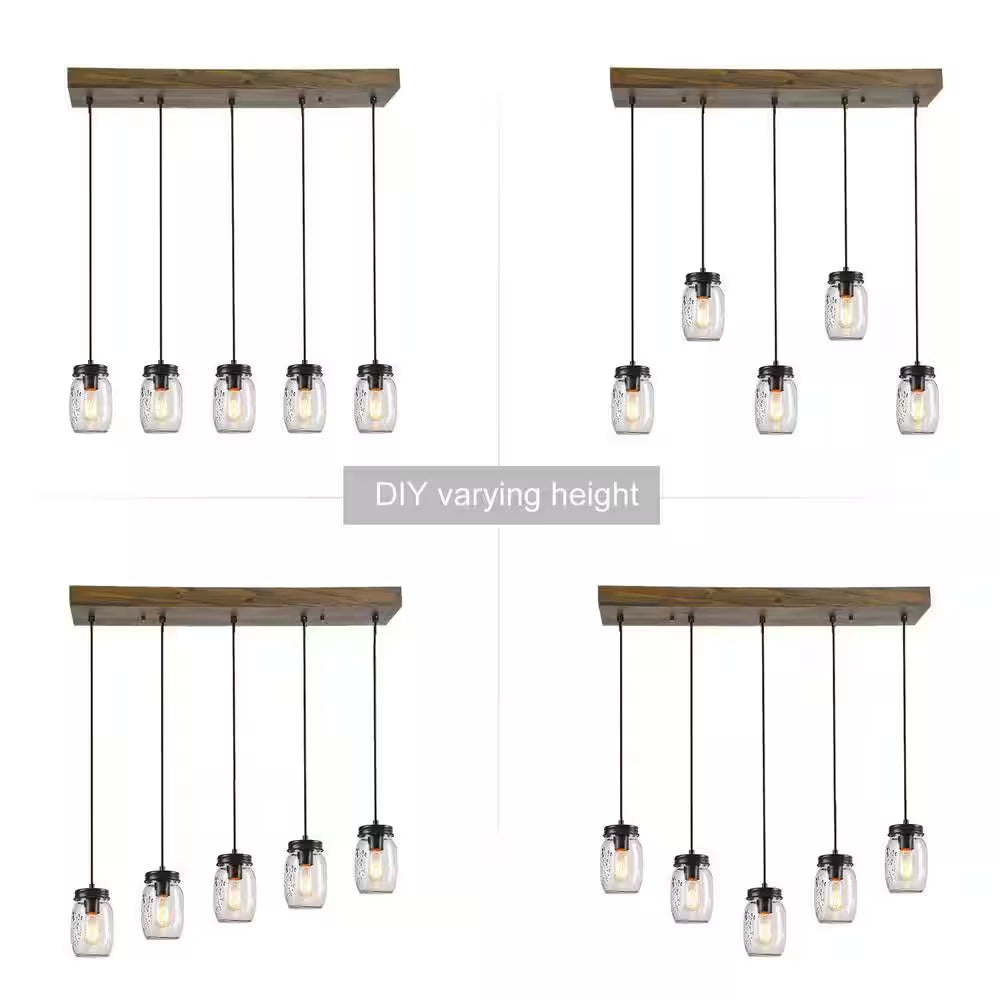 Modern Farmhouse 33 In. Wood DIY Linear Cluster Chandelier 5-Light Dark Brown Island Pendant with Rustic Mason Jar Shade
