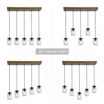 Modern Farmhouse 33 In. Wood DIY Linear Cluster Chandelier 5-Light Dark Brown Island Pendant with Rustic Mason Jar Shade