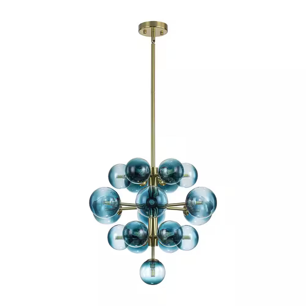 Alex 19-Light Brushed Gold Modern Glam Tiered Cluster Gradient Blue Glass Globe Bubble Chandelier for Dining Room