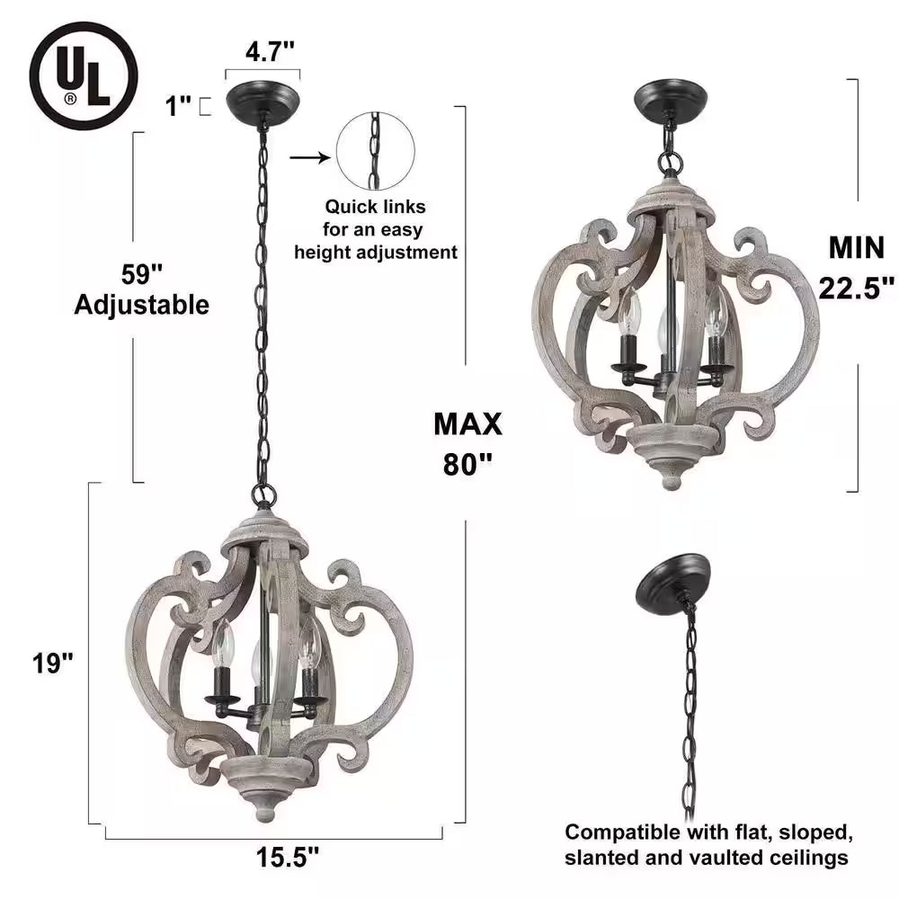 Globe Wood Chandelier Washed Gray round Pendant 3-Light Farmhouse Candlestick Chandelier Rustic Hanging Lantern