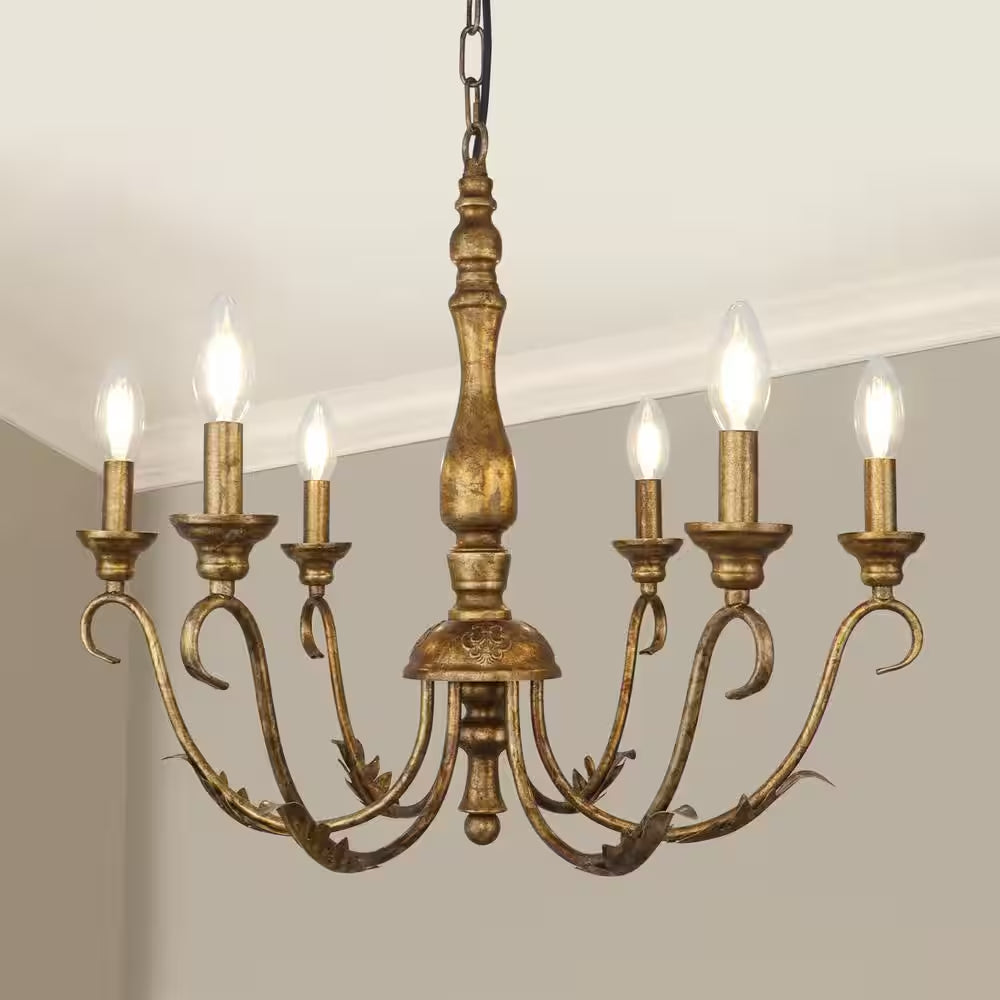 6-Light Distressed Brass Candle Style Farmhouse French Country Chandelier 23.62 In. for Dining Room Bedroom