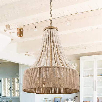 Farmhouse 17.7 In. 4-Light Antique Gold Empire Wood Beaded Chandelier with Jute Rope Shade