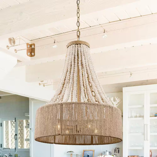 Farmhouse 17.7 In. 4-Light Antique Gold Empire Wood Beaded Chandelier with Jute Rope Shade