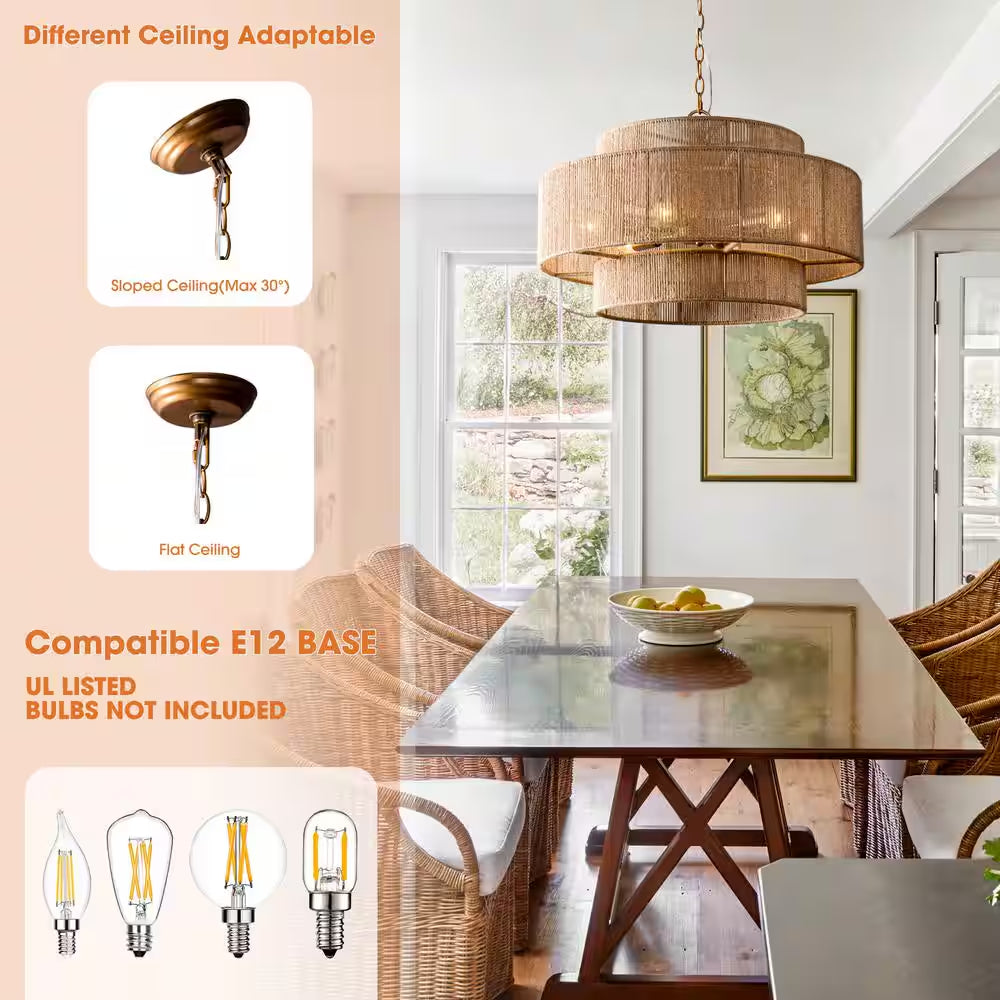 Farmhouse 6-Light Gold 2-Tiered Chandelier with Woven Rope Shade for Living Room Bedroom Dining Room