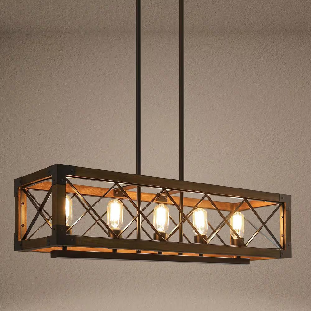 Wood Kitchen Chandelier 5-Light Linear Farmhouse Black Island Dining Room Chandelier Pendant with Rustic Rectangle Frame