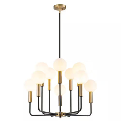 Aaron 10-Light Modern Transitional Black and Gold Uplight Frosted Glass Globe Chandelier