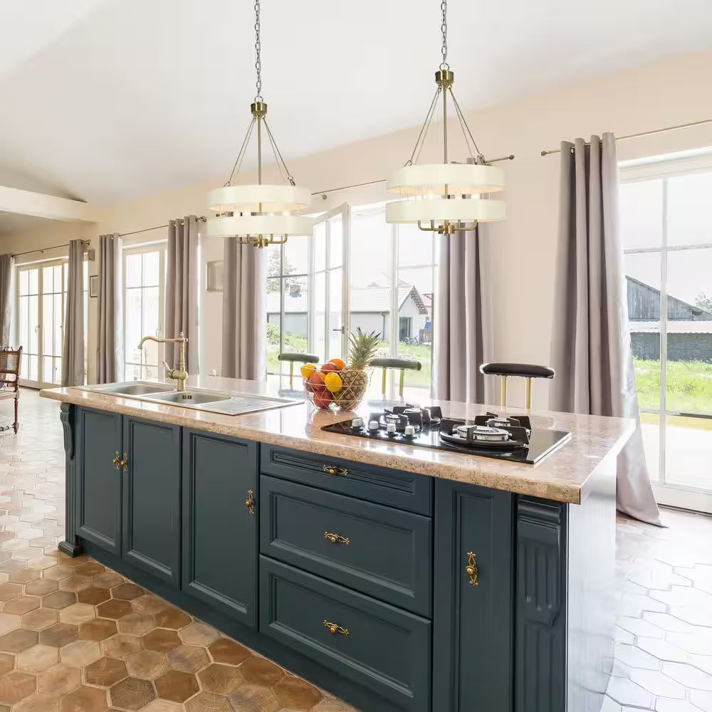 Transitional Brass Dining Room Drum Chandelier with Fabric Shade, 4-Light Craftsman Kitchen Island Bedroom Chandelier