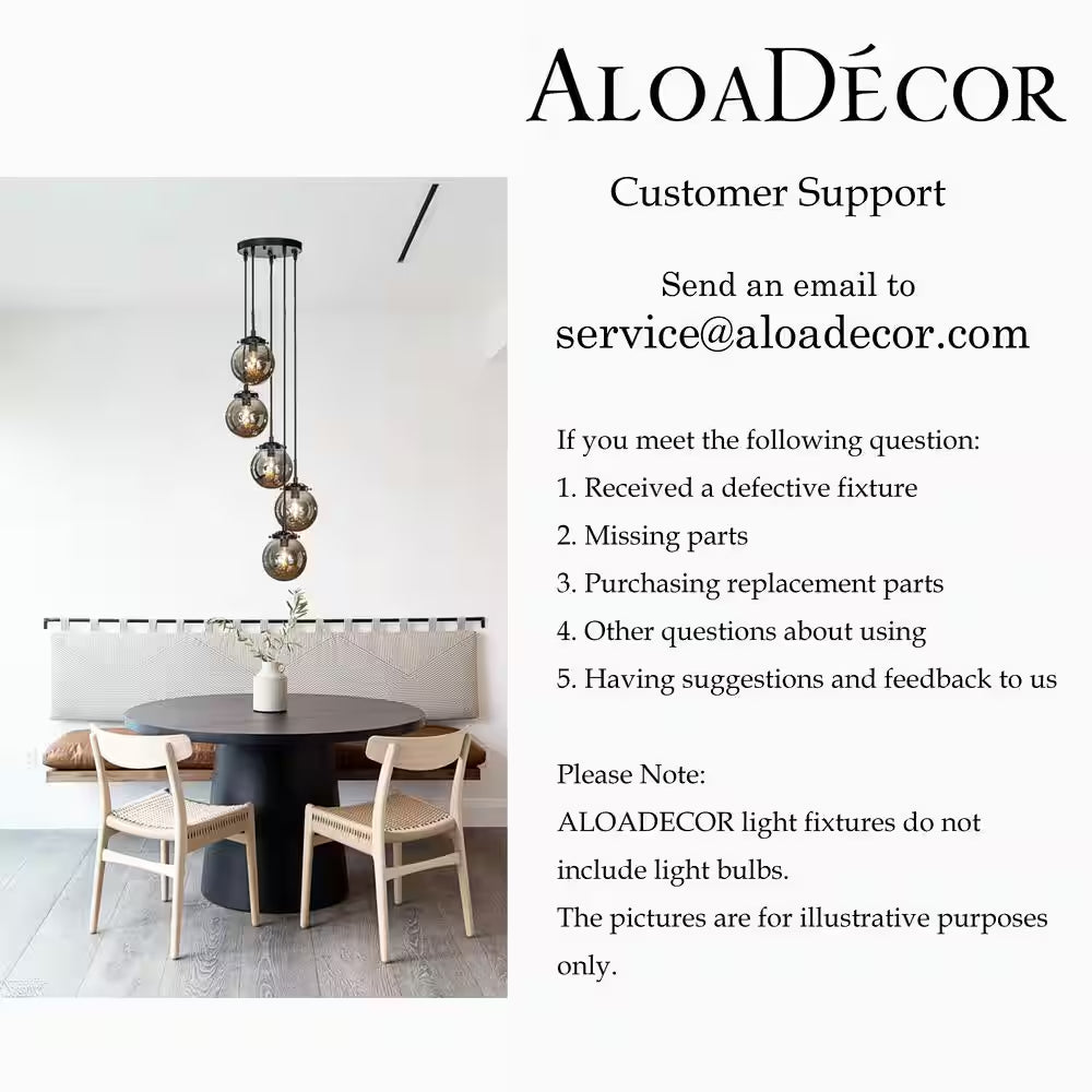 5-Light Modern Matte Black Staircase Chandelier with Smoke Globe Bubble Glass Corner Pendant
