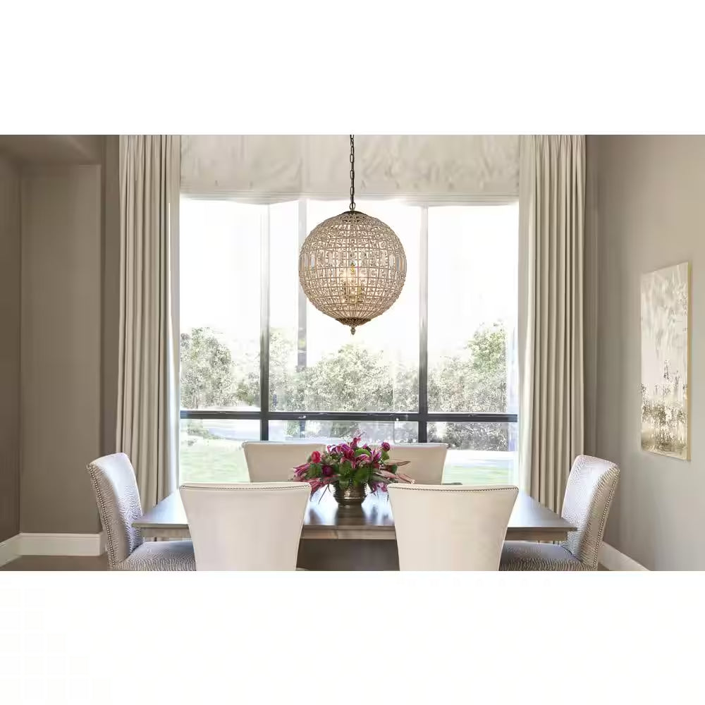3-Light 18 In. Handcrafted Crystal Chandelier in Antique Gold Vintage French Globe Pendant Light with K9 Crystal Beads