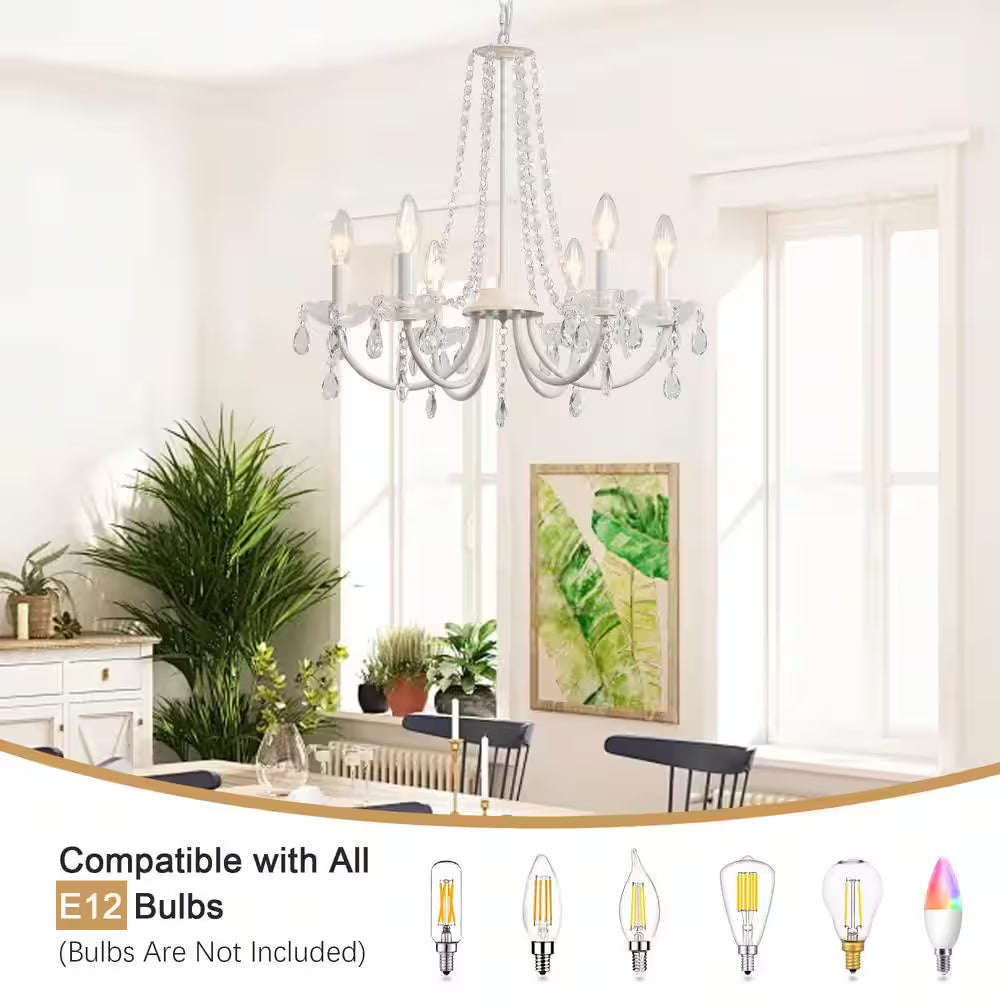 6-Light White Traditional Candle Style Crystal Chandelier for Dining Room Living Room with No Bulbs Included