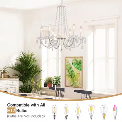 6-Light White Traditional Candle Style Crystal Chandelier for Dining Room Living Room with No Bulbs Included