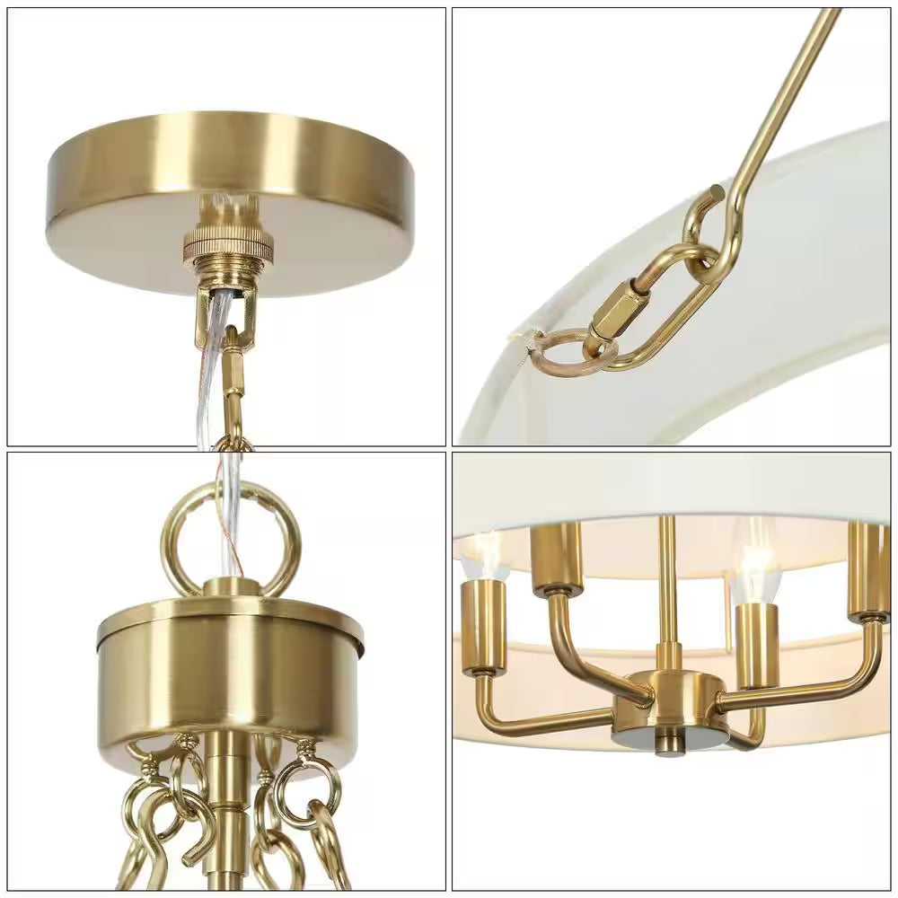 Transitional Brass Dining Room Drum Chandelier with Fabric Shade, 4-Light Craftsman Kitchen Island Bedroom Chandelier