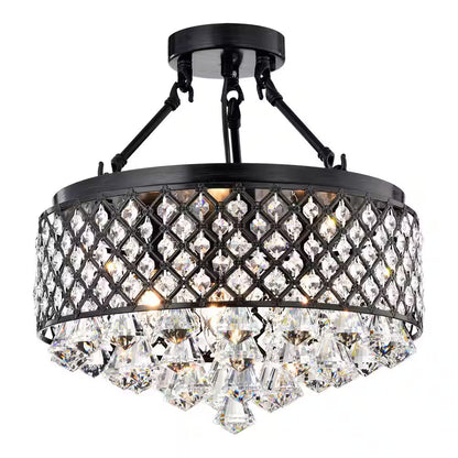 Alyvia 4-Light Antique Black Glam Semi-Flush Mount Ceiling Light with Beaded Crystal Drum Shade