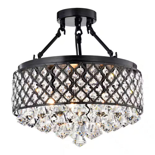 Alyvia 4-Light Antique Black Glam Semi-Flush Mount Ceiling Light with Beaded Crystal Drum Shade