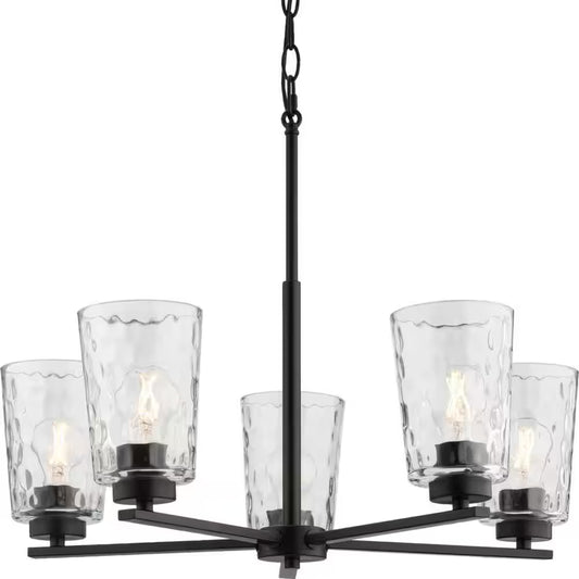 Mauzy Collection 5-Light Matte Black Transitional Chandelier with Clear Water Glass Shade for Dining Room