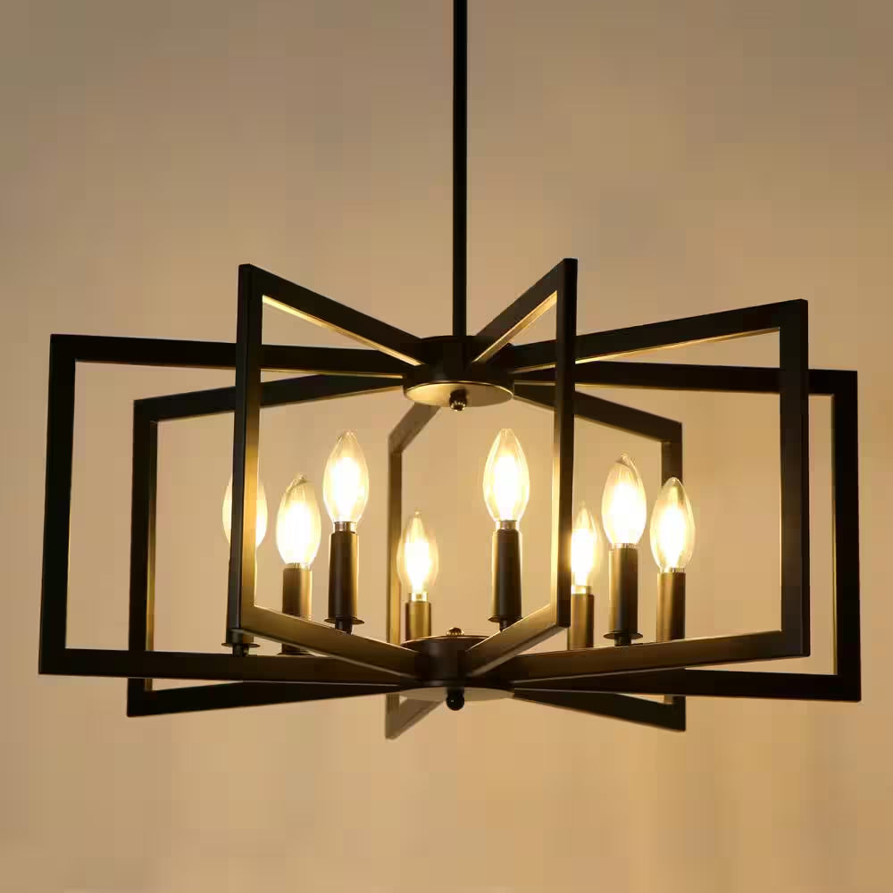 25.59 In. 8-Light Black Modern Geometric Hanging Metal Chandeliers for Dining Room Kitchen Foyer Living Room Bedroom