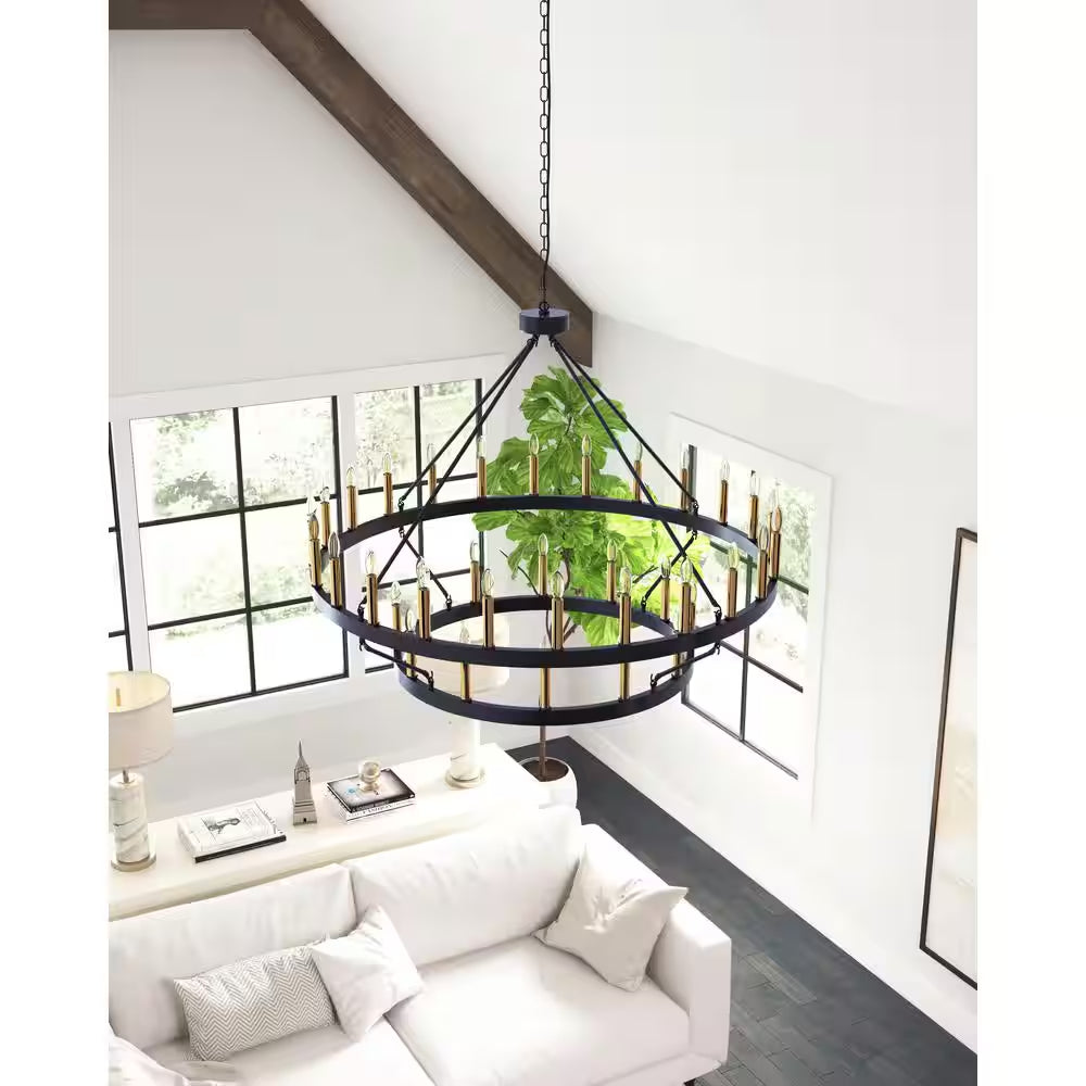 47.24 In. 36-Light round Black Wagon Wheel Chandelier Large Farmhouse 2-Tier Chandeliers