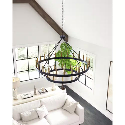 47.24 In. 36-Light round Black Wagon Wheel Chandelier Large Farmhouse 2-Tier Chandeliers