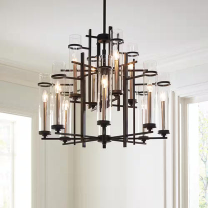 Ethan 12-Light Antique Forged Iron/Brushed Steel Contemporary Industrial Multi-Tier Hanging Candlestick Chandelier