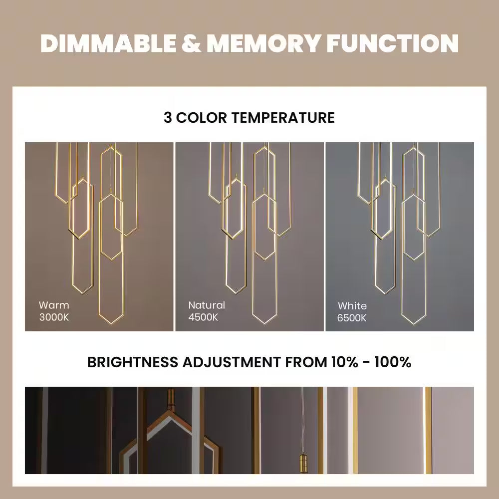 6-Light Modern Dimmable Integrated LED Geometric Gold Chandelier High Ceiling Chandelier for Staircase Foyer Living Room